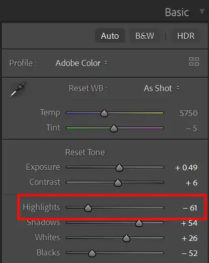 Lightroom Basic panel highlights and shadows sliders